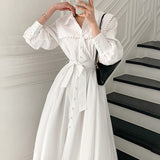 Kukombo 2022 White Elegant Shirts Dress Woman With Belt Rivet Maxi Vestido Women Clothing Vintage Single-Breasted OL Work Dresses Female