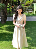 Kukombo French Elegant Short Sleeve Dress Woman Casual Slim One Piece Dress Korean Fashion 2023 Summer Party Casual Vintage Midi Dress
