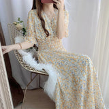 Kukombo 2022 Ruffled Peter Pan Collar Pink Floral Chiffon Dress Spring Summer Sweet Style Dress Korean Style Prairie Chic Casual Dress
