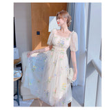 Kukombo Sweet Mesh Lace Fairy Dress Summer Woman Puff Sleeve Embroidery Floral Elegant Romantic Princess Dresses For Party Night Vestido