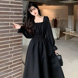Kukombo Vintage Black Dress Women French Elegant Square Collar Long Sleeve Midi Dress 2022 Autumn Ladies Retro Clothes Chic Korean