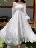 Kukombo  Elegant Maxi Dresses For Women White Off Shoulder Puff Long Sleeve Elastic High Waist Party Gown Ruffle Holiday Dress