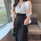 Kukombo  New Girl Japan Style Asymmetrical Lace-up Solid Casual Sweet Natural Factors Waist Pleated Midi Ankle-Length Skirt Women's XL