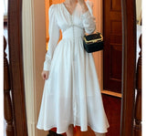 Kukombo New Elegant White Party Maxi Dress Woman Diamond V-Neck High Waist Elegant Solid Vestidos Lady Long Sleeve Dresses Female Cloth