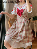 Kukombo Japanese Kawaii Fairy Dress Women Summer 2022 Lace Plaid Vintage Party Mini Dress Female Bow College Style Princess Casual Dress