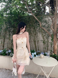 Kukombo Sweet Fairy Corset Mini Dress Women Casual Lace Strapless Dress Even Party Office Lady Elegant One Piece Dress Korea Summer