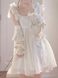 Kukombo White Kawaii Sweet Dress Women Summer 2022 Korean Chic Elegant Party Mini Dress Fairy Casual Japanese Lolita Princess Cute Dress