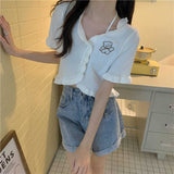 Kukombo Summer Short Sleeve Cardigan Cropped Tops Women New Blue Cartoon Printed High Waist Fitness Knitted Jacket Woman