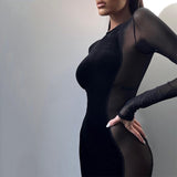 Cyber Monday Sales See-Through Mesh Long Sleeved Dress Stitching Slim Maxi Party Dresses For Women Balck Bandage Dress Vestido De Mujer