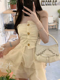 Kukombo Sweet Fairy Corset Mini Dress Women Casual Lace Strapless Dress Even Party Office Lady Elegant One Piece Dress Korea Summer