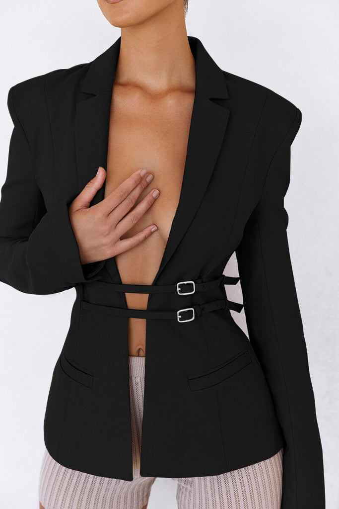 Kukombo Elegant With Waistband Full Sleeve Blazer Women Jacket 2023 Autumn Notched Collar Hollow Out Slim Coat Fall Coat
