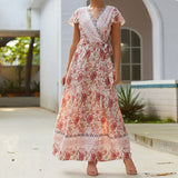Kukombo Summer Vacation Holiday Dress Boho Green Printed Sashes Ruffles Bohemian Midi Dress V-Neck Irregular Short Sleeve Sundress