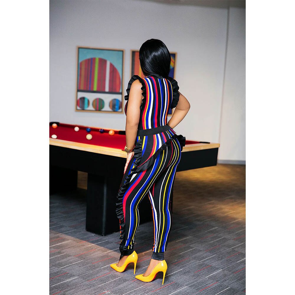 Cyber Monday Sales Women Sexy Jumpsuits Striped Ruffles Details Bodycon Jumpsuit Sleeveless Full-Length Skinny Jumpsuit Night Club