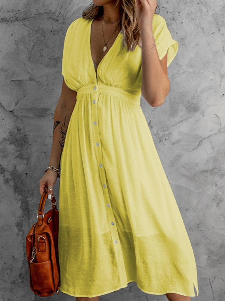 Kukombo Summer  Women's Dress Temperament Double Gauze Solid Color Single-Row Button Deep V-Neck Short Sleeve Waist Women's Long Dress