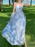Kukombo Fashion Summer Elegant Casual Floral Blue Dress Women Sleeveless Vintage A-Line Beach Party Vestidos Female Chic Robe Clothes