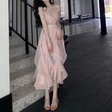 Kukombo  Pink Corset Midi Dress Women Beach Style Elegant Strap Dress Party Sweet Fairy One Piece Dress Korean 2023 Summer Chic