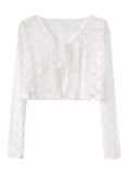 Kukombo White Lace Hollow Cardigan Women Summer New Thin Long Sleeve Jacket Lace-Up Cropped Tops Woman