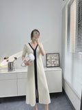Kukombo Black White Casual Elegant Vintage Short Sleeve Long Dress Korean Fashion Style Knitted Slim Maxi Dresses For Women Summer 2023