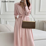 Kukombo Pink Chic Elegant Long Dress Woman With Sashes Single-Breasted White Vestido Woman Clothing Korean Vintage OL Dresses Female