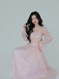Kukombo Elegant Evening Party Midi Dress Women Bubble Sleeve French Vintage Sweet Dress Female Pink Korean Style Fairy Dress Autumn