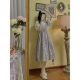 Kukombo Back to school outfit Women Fashion 2 Piece Set Sweet Lolita Style Floral Print Denim Long Dress French College White Short Sleeve Blouse