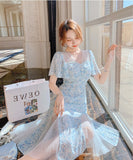 Kukombo Niggeey Chic Elegant Blue Chiffon Women's Summer Dress Vintage Short Flare Sleeve Split Fairy Dresses One Piece Dress Korean
