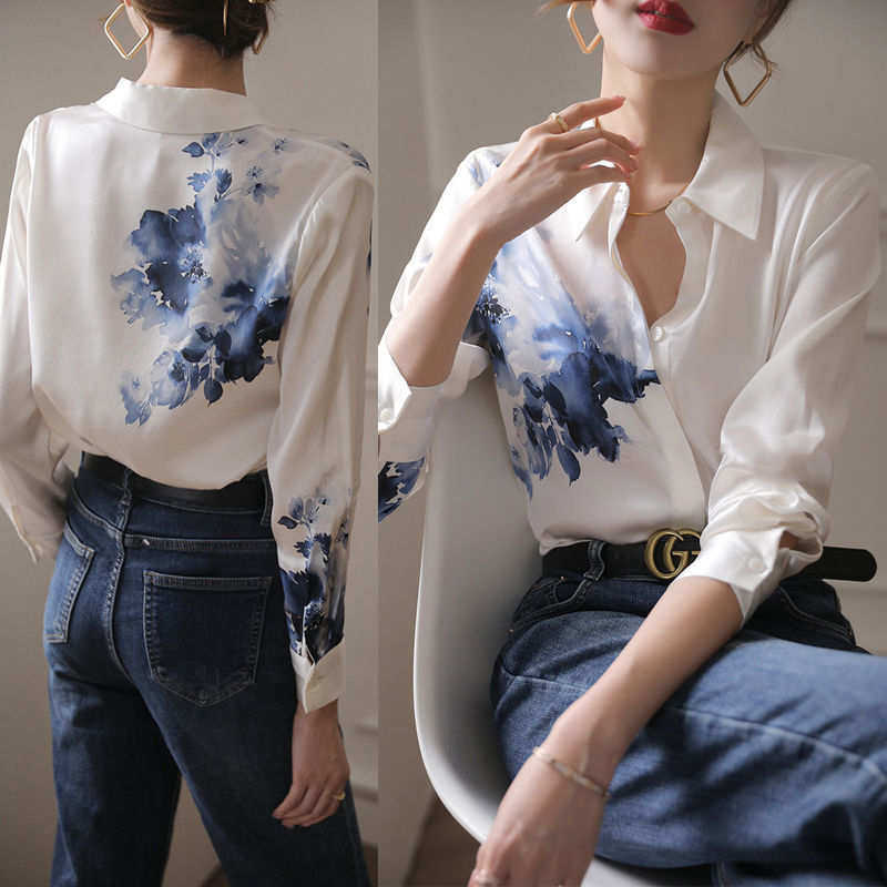 Kukombo Spring Summer New Vintage Ink Printing Chiffon Shirt Turn-Down Collar Long Sleeve Satin Blouse Women's Korean Style Casual Shirt