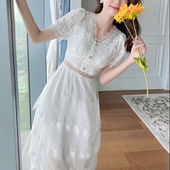 Kukombo Niggeey Summer Elegant White Lace Dress Women V-Neck Layerd Ruffle High Wiast Fairy Dresses One Piece Dress Korean Fashion