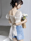 Kukombo New French Polka Dot Chiffon Shirts Women Square Neck Puff Sleeve Blouse Summer Bow Bangage Crop Tops Woman
