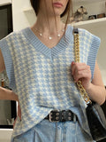 Kukombo Autumn Winter Women Sweater Vest Houndstooth Loose Knitted V-Neck Sleeveless Chic Top Fashion Vintage Sweater Female Waistcoat