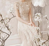 Kukombo 2023 New Autumn Woman Dress Beige Lace O-Neck Casual High Waist Mesh Maxi Dresses Female Vestido Runway Design