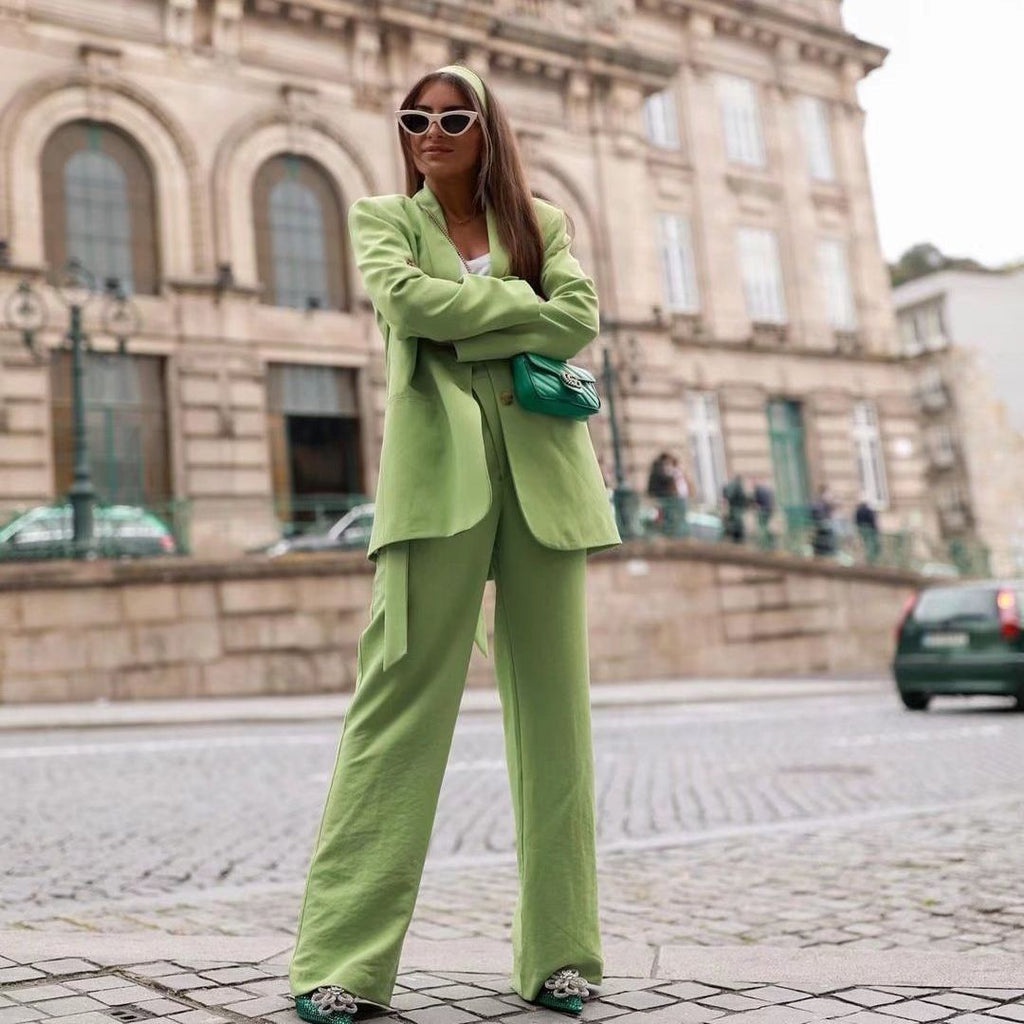 Kukombo Office Lady Solid Green Oversized Long Blazer Women Long Sleeve V Neck Loose Jacket Female Vintage Outwears