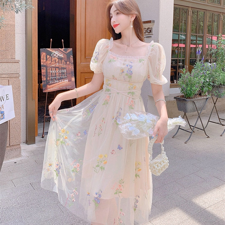 Kukombo Back to school outfit Chic Vintage Mesh Lace Fairy Dress Summe
