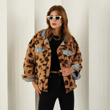 Kukombo Reversible Womens Denim Fur Jacket Double Side Short Leopard Denim Coat Ladies Thick Warm Winter Blue Jeans Jacket Women 2023