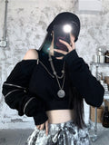 Cyber Monday Sales Techwear Goth Cropped Hoodies Women Harajuku Off Shoulder Oversize Sweatshirts Black Zip Up Top Hip Hop Streetwear Punk