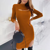 Kukombo Sexy Hollow Long Sleeve Midi Dress Solid Color Slim Fit Fashion Hollow Out One Step Korean Robe Club Pencil Dress For Women