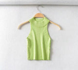Kukombo Vintage High Neck Ribbed Knitted Tank Tops Female Summer Casual White Solid Stretch Crop Top for Women Clothing 2022 NEW