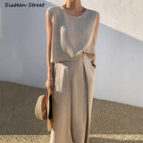 Kukombo Khaki Chic Sleeveless Tops And High Waisted Trousers Women Pant Sets 2022 Spring Summer Korean 2 Piece Sets Office Ladies