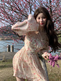 Kukombo  Floral Chiffon Dress Women Boho Beach Mini Dress Evening Party Office Lady Slim Elegant One Piece Dress Korean Summer