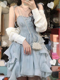 Kukombo Blue Strap Mini Dress Women Korea Clothing Fashion Suits Casual 2 Piece Dress Set Female Kawaill Elegant Party Dress Summer