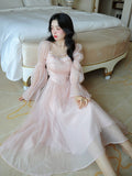 Kukombo Elegant Evening Party Midi Dress Women Bubble Sleeve French Vintage Sweet Dress Female Pink Korean Style Fairy Dress Autumn