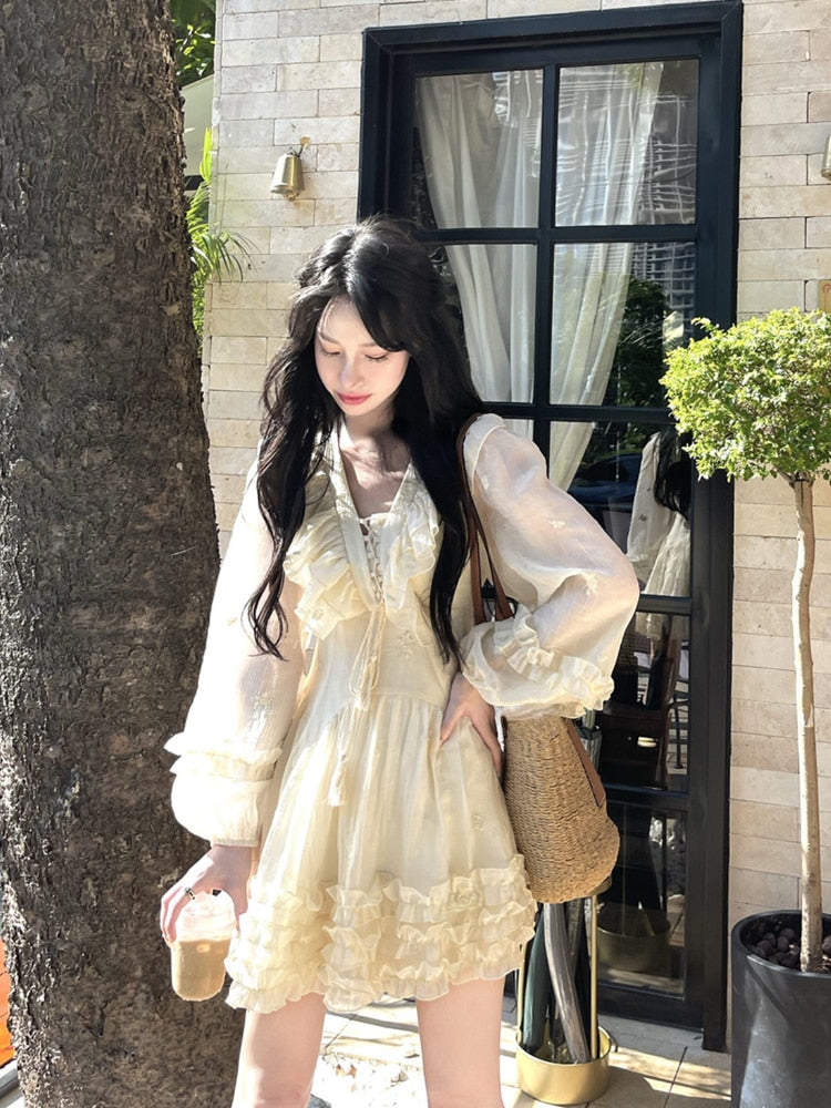 Kukombo Autumn Fairy Pure Color Mini Dress Woman Casual Long Sleeve Elegant Dress Korean Fashion Short Party Dress Chic Design