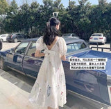 Kukombo 2022 Spring Fairy Vintage Dress Women Bow Sexy Backless Elegant Korean Dress Female Causal Puff Sleeve Sweet Design Party Dress
