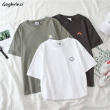 Kukombo T-Shirts Women Short Sleeve Tees O-Neck Embroidery All-Match Basic Fashion Unisex Teenagers Leisure Soft Summer Simple Clothes