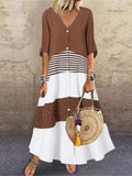 Kukombo Summer New Women's Skirt Fashion Temperament V-Neck Short Sleeve Printed Stripe Polka Dot Stitching Long Button Casual Dress
