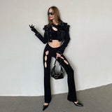 Kukombo 2 Piece Set Cutout Pants And Crop Top Sexy Black Outfits For Women Rave Festival Clothing Clubwear Autumn 2022 P85DZ29