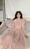 Kukombo Lace Elegant Sequin Fairy Dress Women Pink Patchwork Vintage Party Midi Dresses Female Casual Sweet Princess Kawaii Dress 2022