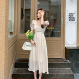 Kukombo 2022 Summer New Dress Women French Sweet Fairy Streamer Chiffon Dress Ladies Korean Elegant Puff Sleeve Long Dresses