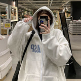 Kukombo Hooded Sweater Women Trend Loose Lazy Letter Print Cardigan Sweatshirt Autumn And Winter All-Match Top Zip Pullover