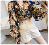 Kukombo Women's Spring Summer New Loose Floral Blouse Women's Sunscreen Turndown Collar Chiffon Clothing Korean Long-Sleeved Shirts